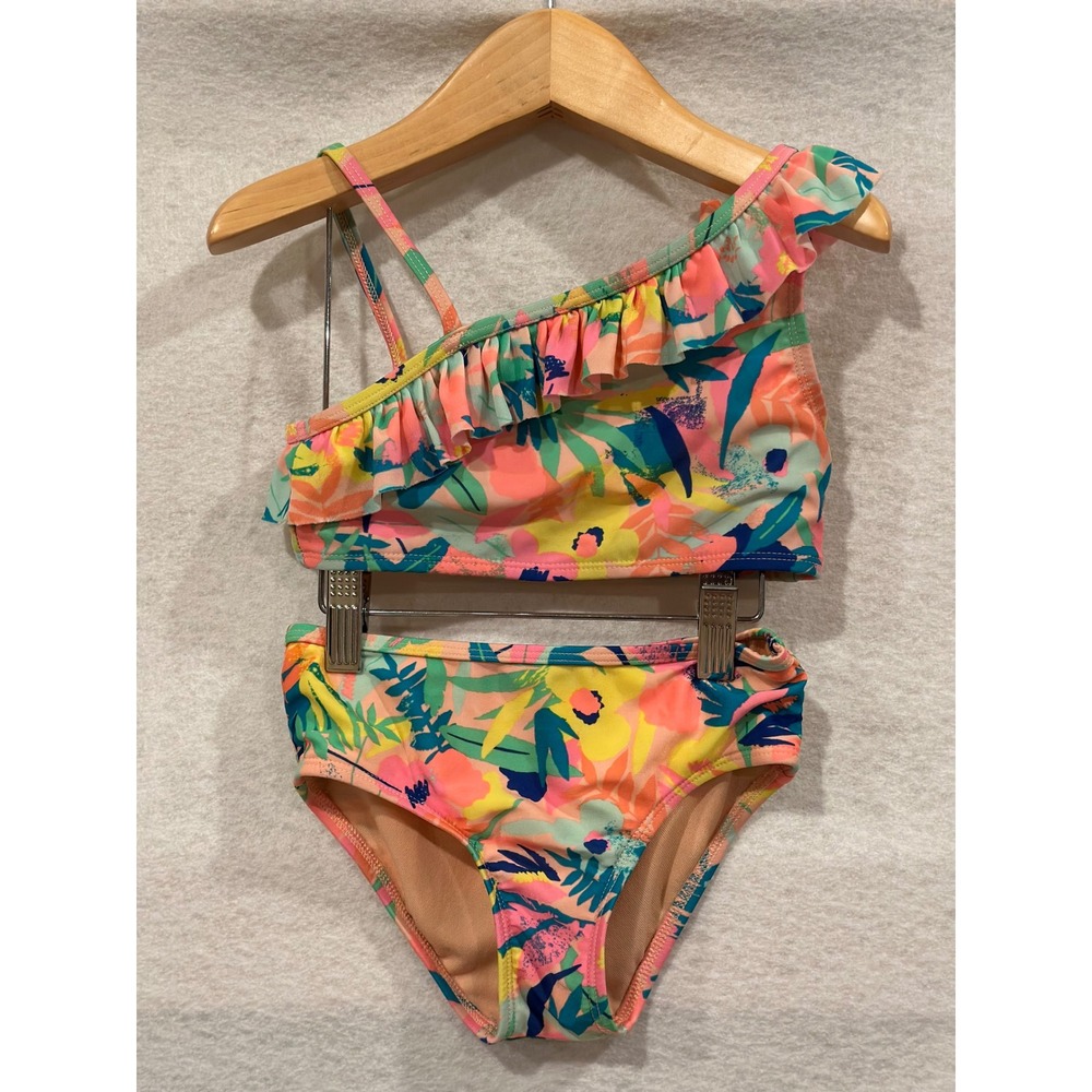 Cat & Jack Girls Tropical Floral Ruffle‎ One Shoulder Bikini Swimsuit Set 5T